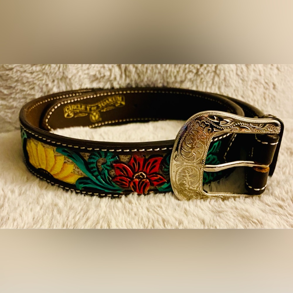 NWOT Circle Y of Yoakum Rising Sunflower Filigree Leather Belt - Picture 2 of 9